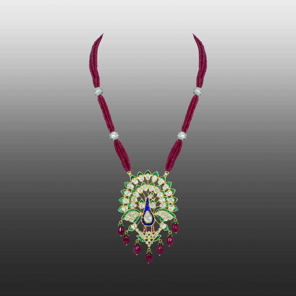 Peacock Pendant Necklace with Polki, Green Enamel, and Ruby Drops